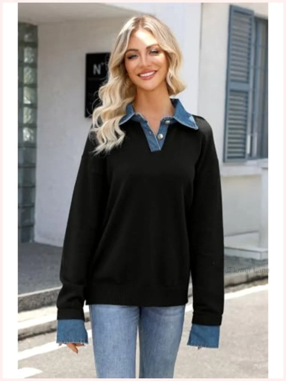 Women's Oversized Denim Polo Knit Collared Pullover Sweater